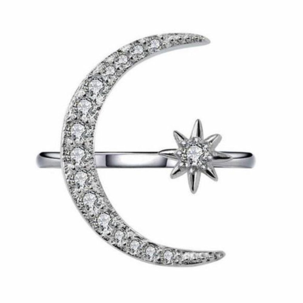 NEW SILVER DIAMOND MOON STAR ADJUSTABLE RING, CUTE RING, SHINY RING. - Picture 3 of 4